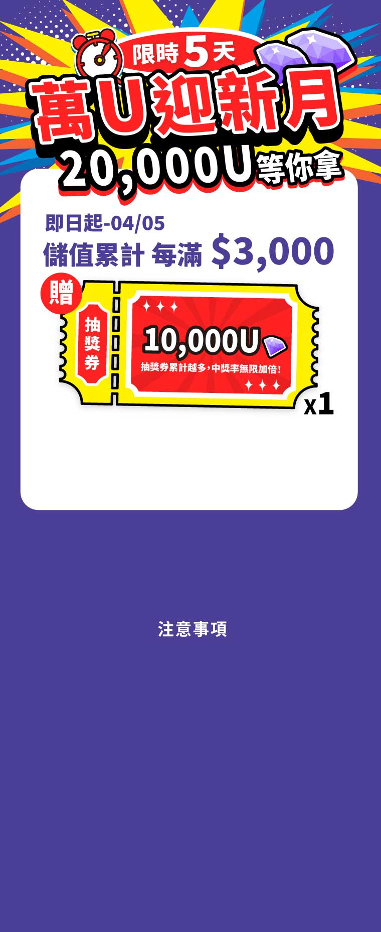 迎新月送萬U為星光直播的月初活動，儲值每滿3000元即可獲得萬U抽獎券，儲值越多中獎機會無限加倍