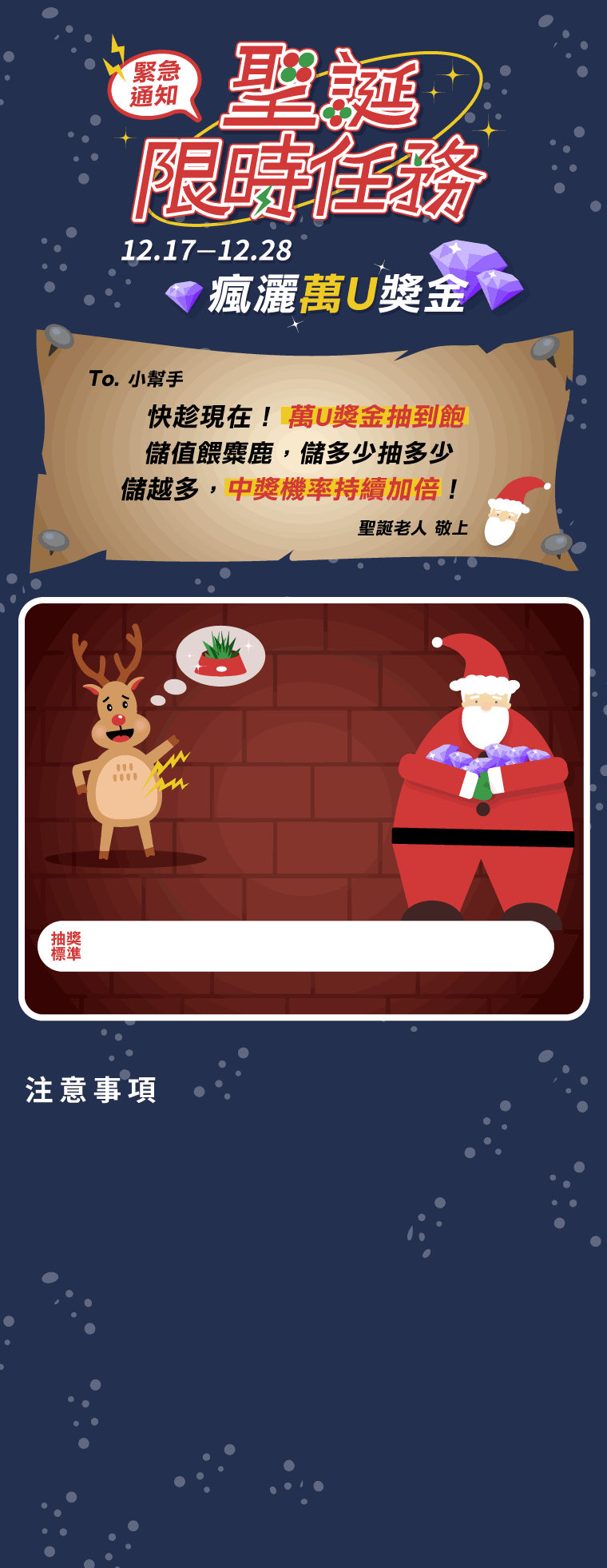 聖誕老人的神祕贈禮為星光直播的限時加碼活動，活動期間儲值達標，即可參加對應的U鑽抽獎，總獎金超過2萬U。