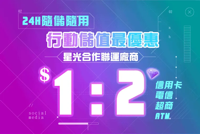 星光直播合作聯運廠商提供$1:2U鑽的兌換比例，24小時隨時儲值、隨時使用，支持信用卡、電信、超商、ATM儲值